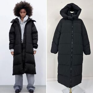 ZARA TRF Extra Long Black Puffer Coat Hooded Maxi Down Jacket S Water Repellent